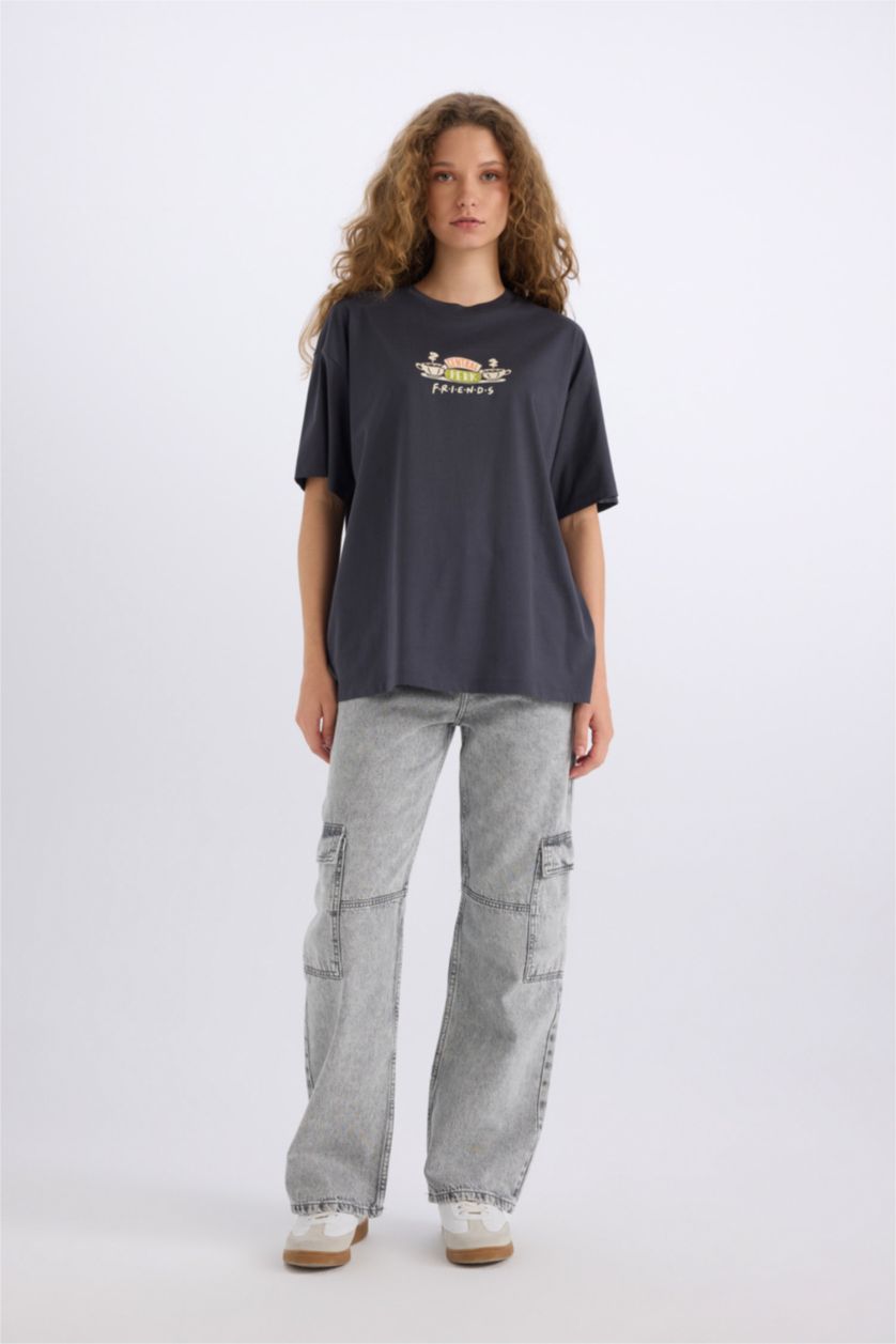 Kadın Antrasit Sömestr Friends Oversize Geniş Kalıp Bisiklet Yaka Sırt Baskılı Kısa Kollu Tişört