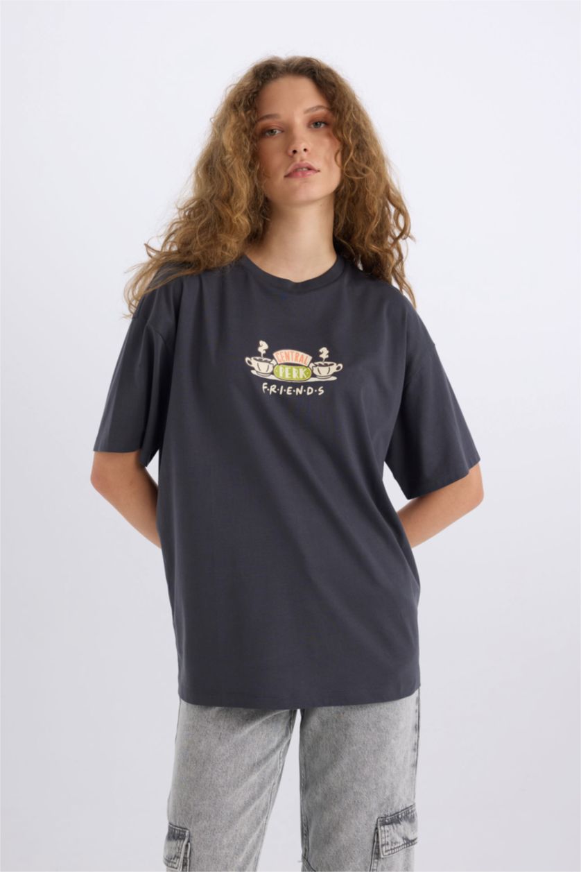 Kadın Antrasit Sömestr Friends Oversize Geniş Kalıp Bisiklet Yaka Sırt Baskılı Kısa Kollu Tişört