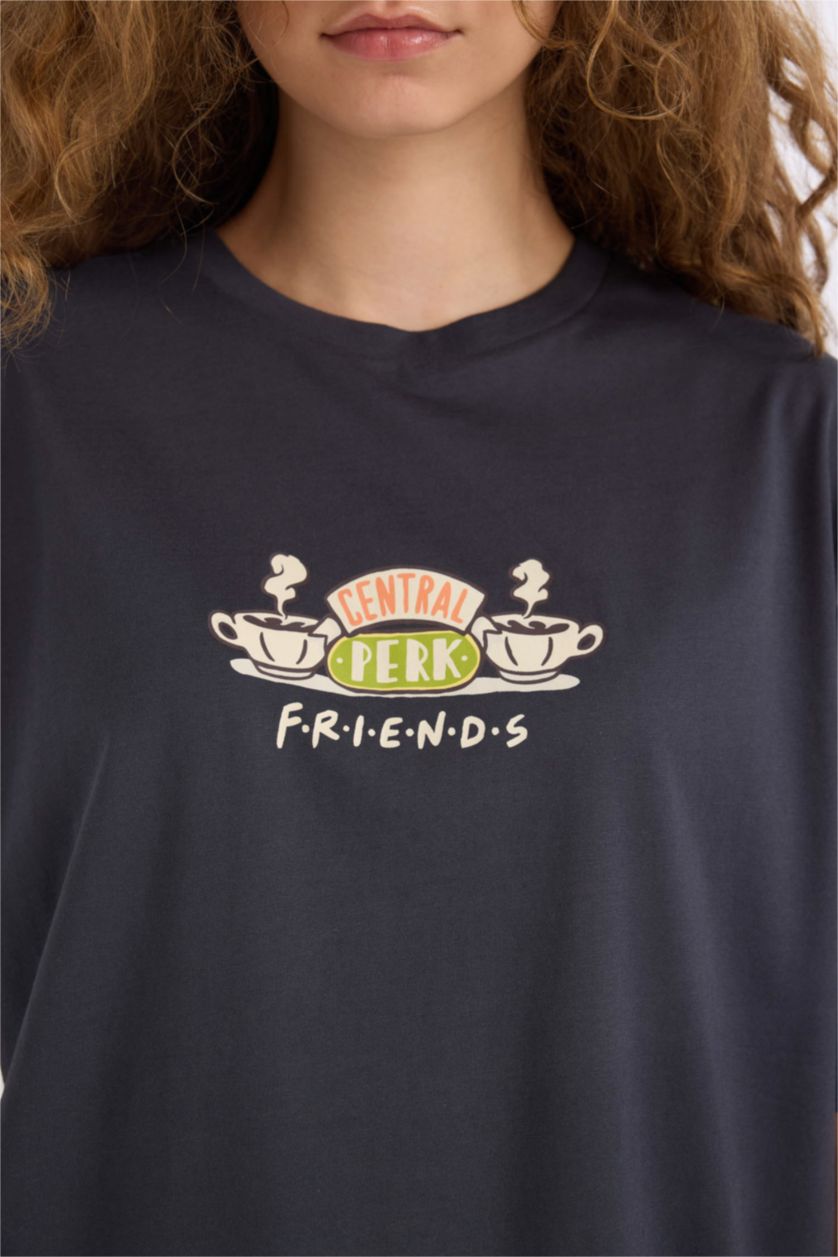 Kadın Antrasit Sömestr Friends Oversize Geniş Kalıp Bisiklet Yaka Sırt Baskılı Kısa Kollu Tişört