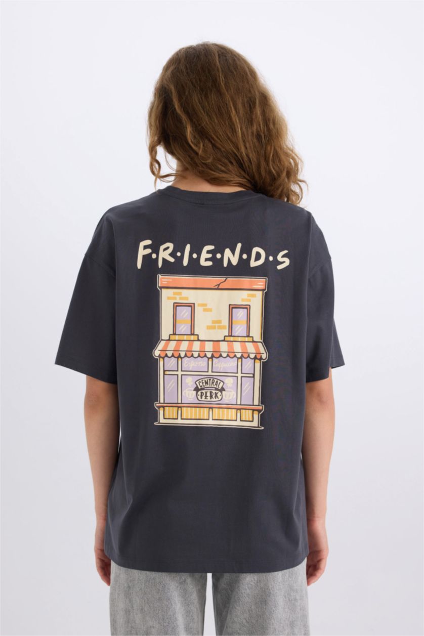 Kadın Antrasit Sömestr Friends Oversize Geniş Kalıp Bisiklet Yaka Sırt Baskılı Kısa Kollu Tişört