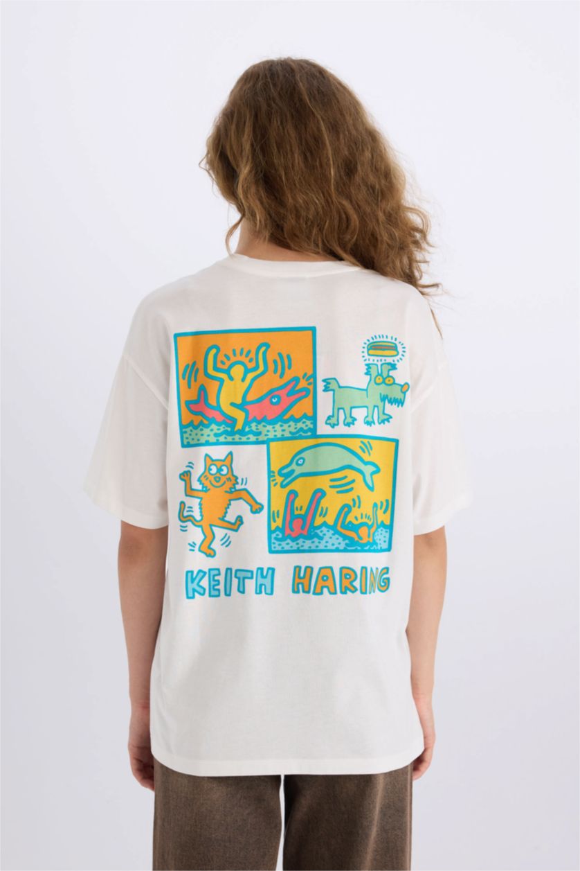 Kadın Kırık Beyaz Keith Haring Oversize Geniş Kalıp Bisiklet Yaka Sırt Baskılı Kısa Kollu Tişört