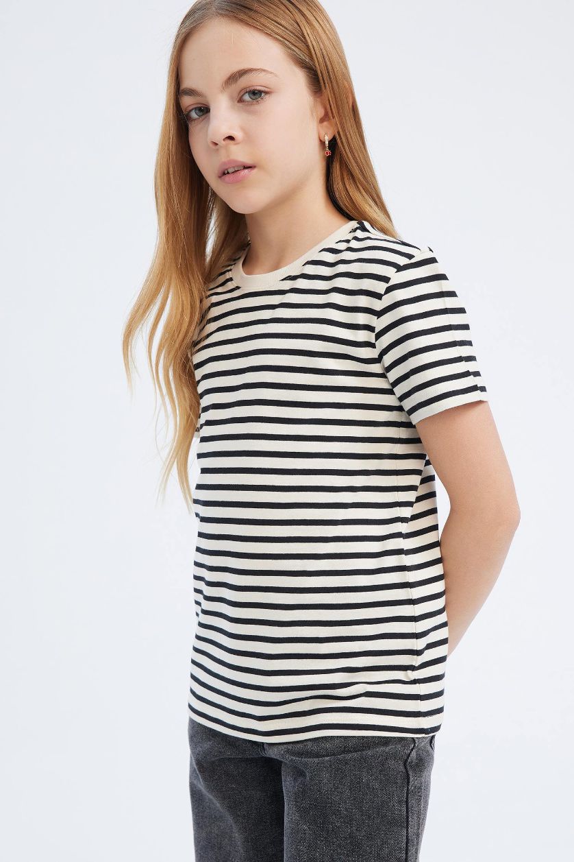 بناتي كحلي تيشيرت بناتي نص كم قصة عادية برقبة مستديرة