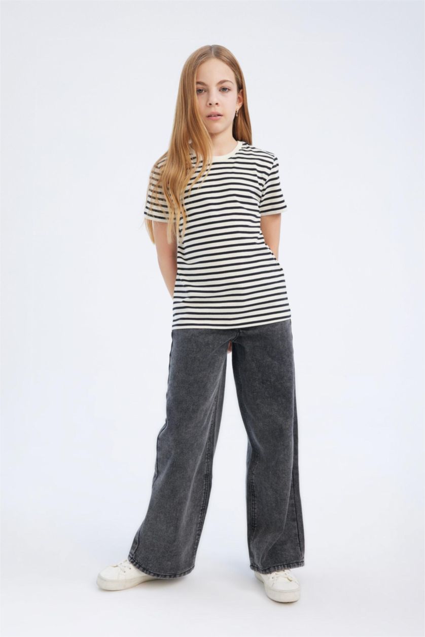 بناتي كحلي تيشيرت بناتي نص كم قصة عادية برقبة مستديرة