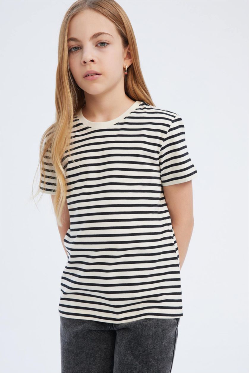 بناتي كحلي تيشيرت بناتي نص كم قصة عادية برقبة مستديرة