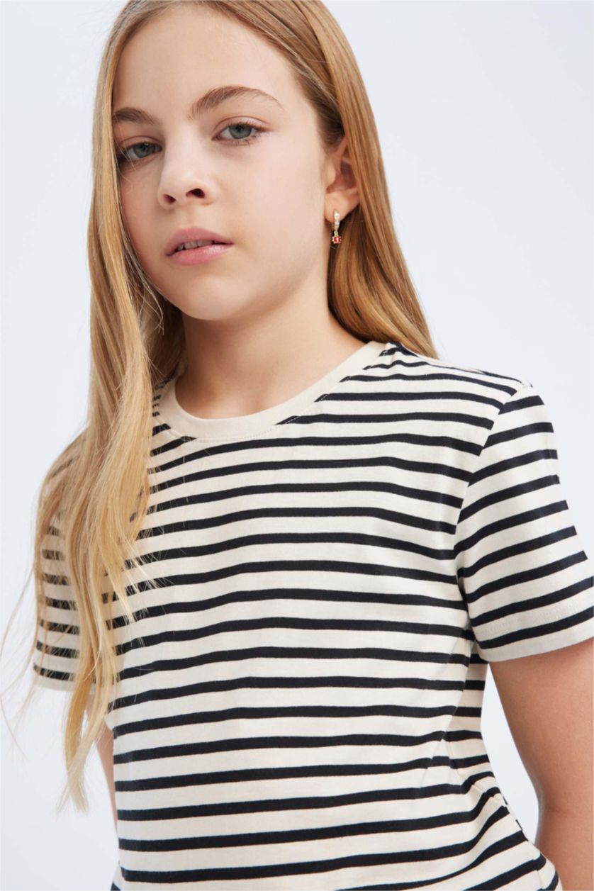 بناتي كحلي تيشيرت بناتي نص كم قصة عادية برقبة مستديرة