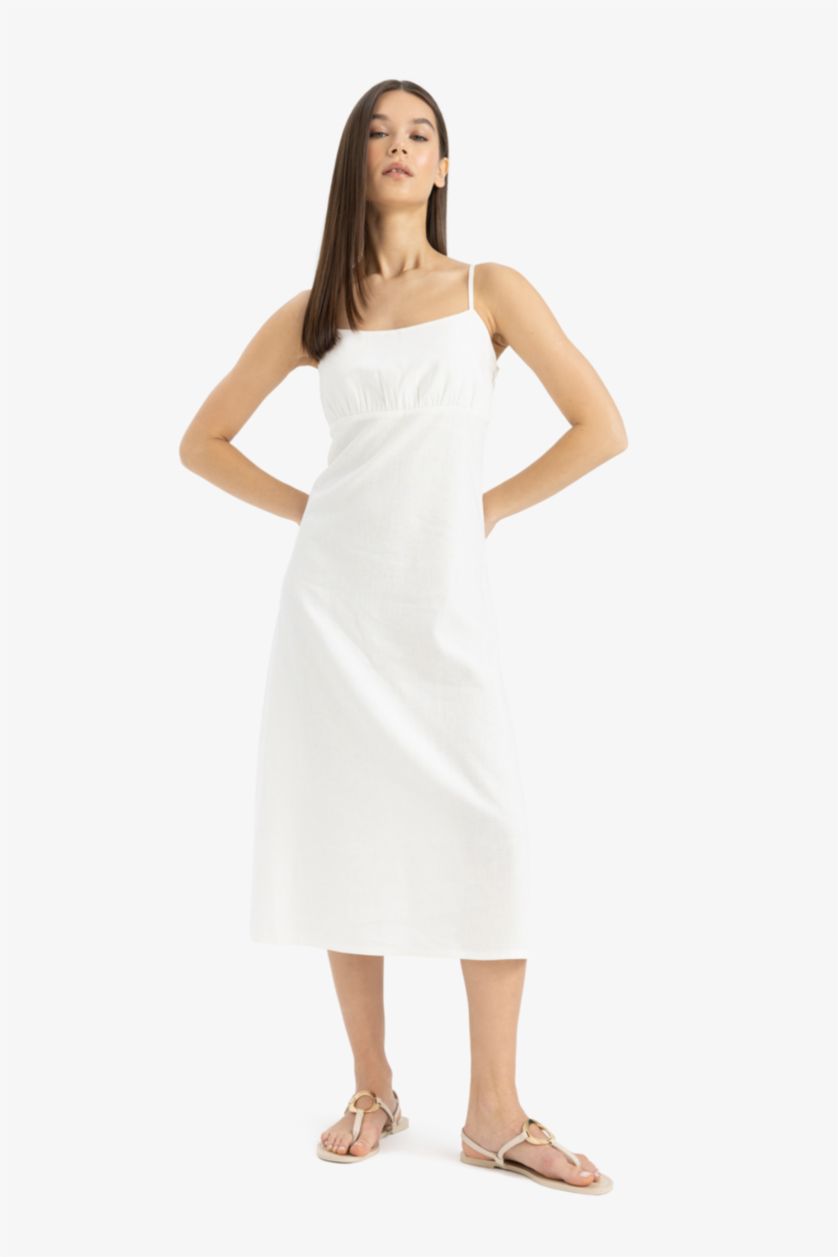 WOMAN White Strappy Linen Blended Midi Dress