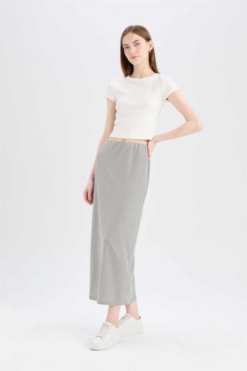 FEMME Gris Clair Jupe longue froncée taille haute à coupe crayon