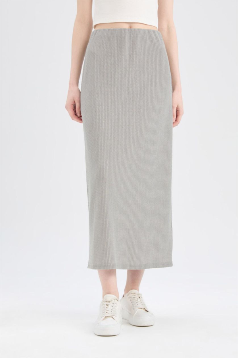 FEMME Gris Clair Jupe longue froncée taille haute à coupe crayon