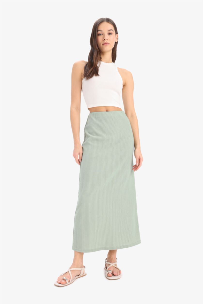 WOMAN Light Khaki Pencil Skirt High Waist Maxi Knitted Skirt