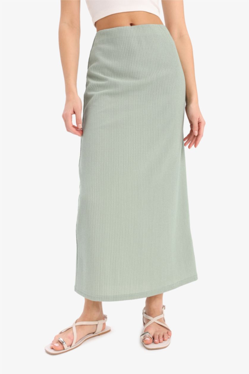 WOMAN Light Khaki Pencil Skirt High Waist Maxi Knitted Skirt
