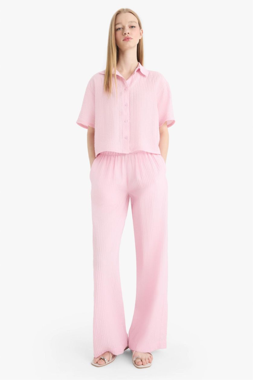 WOMAN Light Pink Wide Leg Normal Waist Striped Trousers
