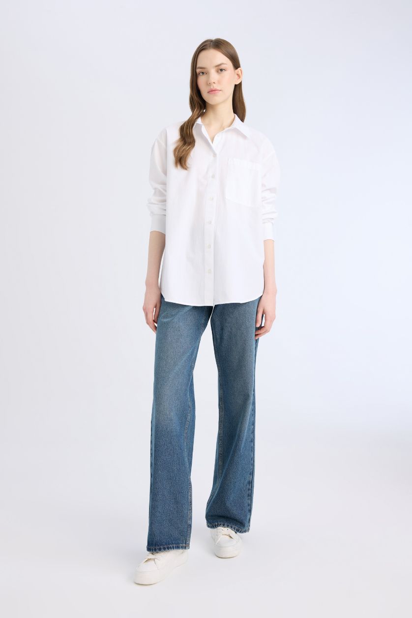 Kadın Kırık Beyaz Oversize Geniş Kalıp Tek Cepli Poplin Uzun Kollu Gömlek