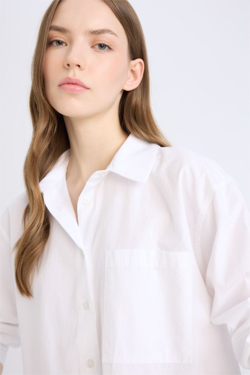 Kadın Kırık Beyaz Oversize Geniş Kalıp Tek Cepli Poplin Uzun Kollu Gömlek