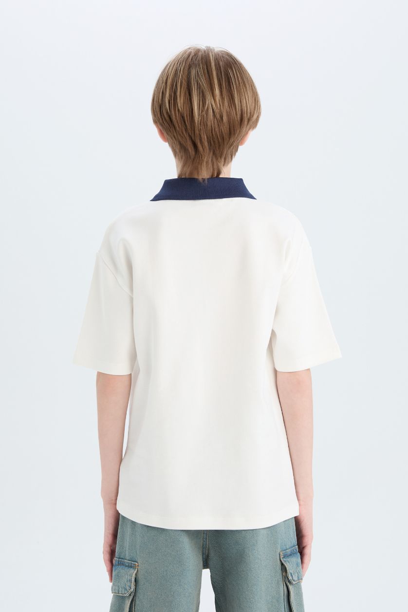 Erkek Çocuk - Genç Erkek Ekru Oversize Geniş Kalıp Polo Yaka Baskılı Kısa Kollu Tişört Erkek Çocuk