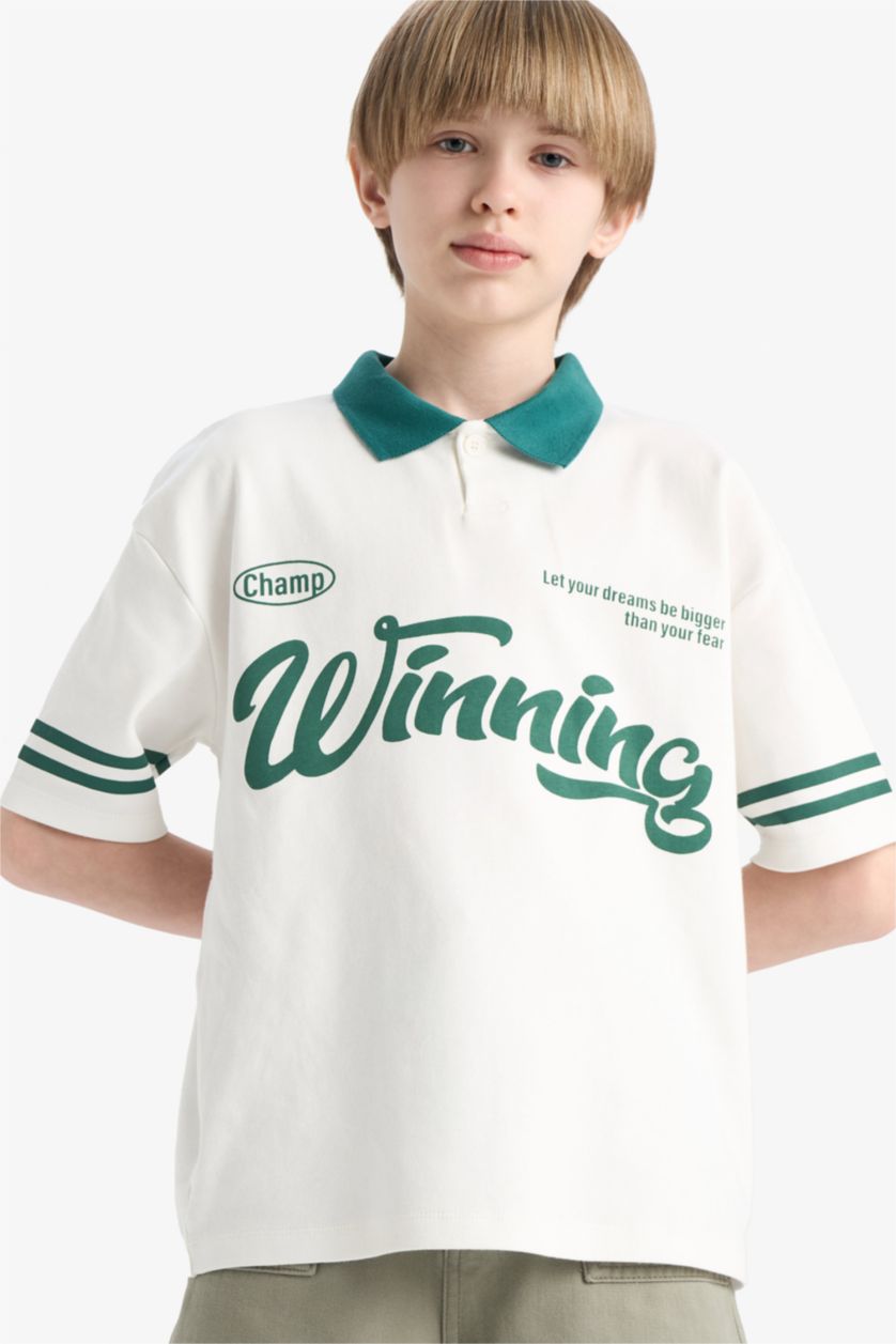 Erkek Çocuk - Genç Erkek Ekru Oversize Geniş Kalıp Polo Yaka Baskılı Kısa Kollu Tişört Erkek Çocuk