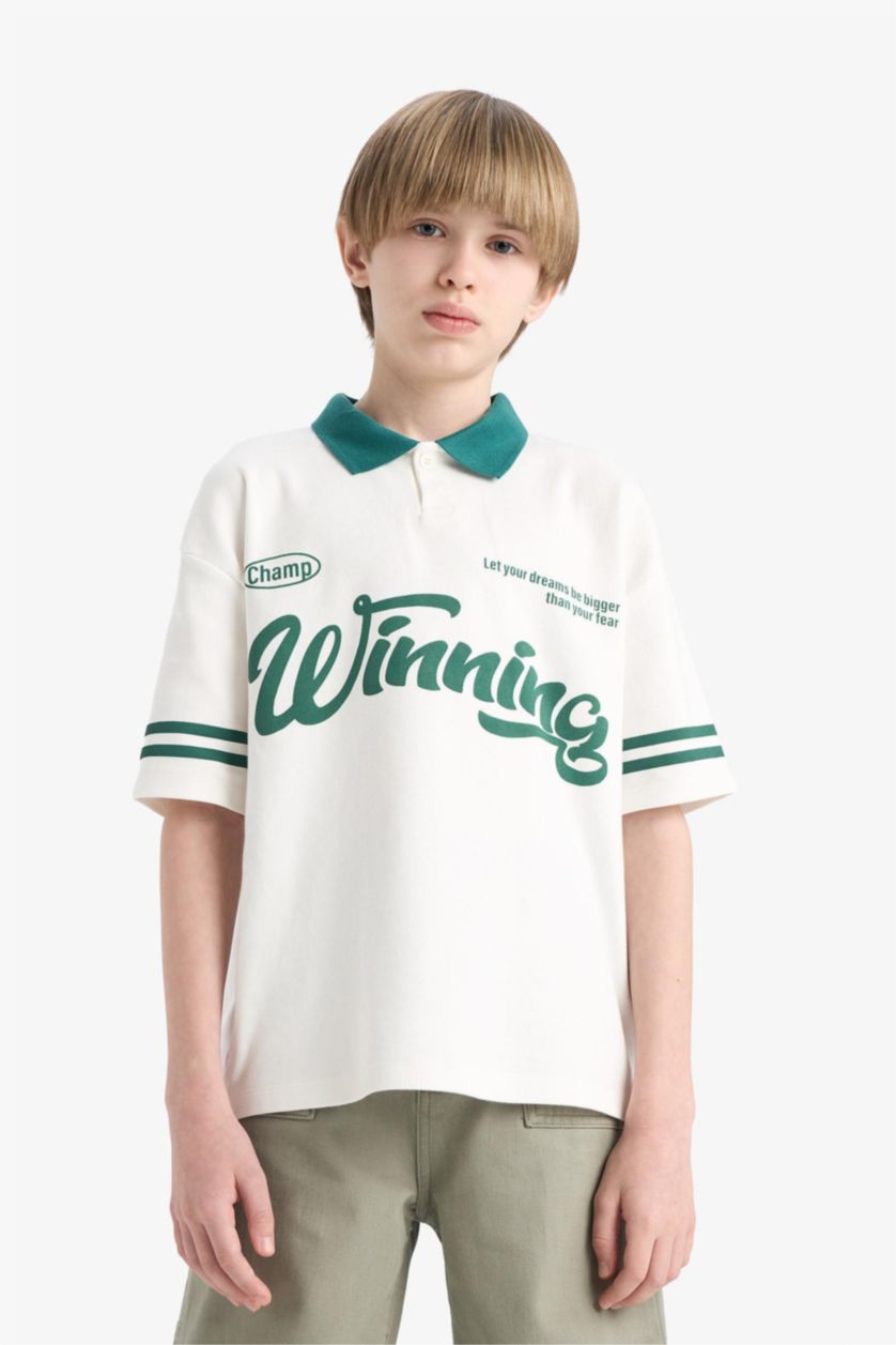 Erkek Çocuk - Genç Erkek Ekru Oversize Geniş Kalıp Polo Yaka Baskılı Kısa Kollu Tişört Erkek Çocuk