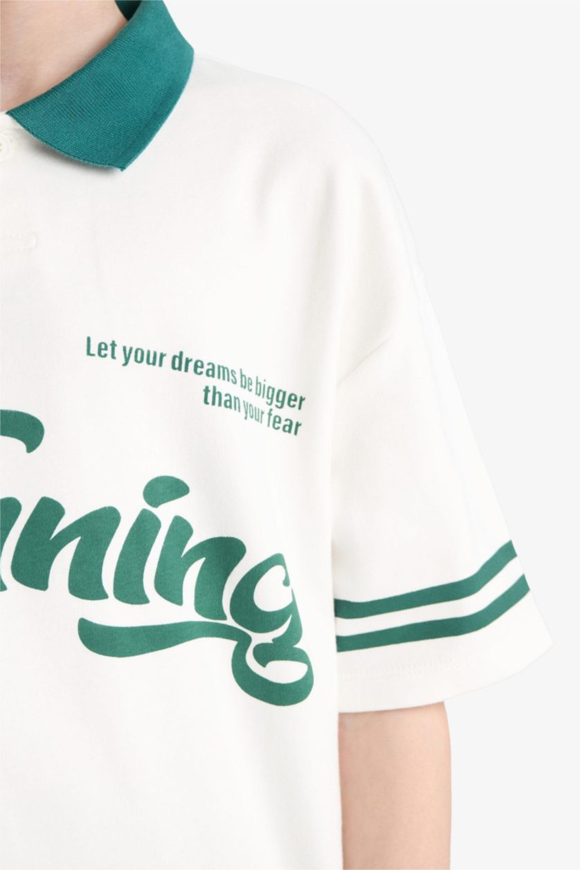 Erkek Çocuk - Genç Erkek Ekru Oversize Geniş Kalıp Polo Yaka Baskılı Kısa Kollu Tişört Erkek Çocuk