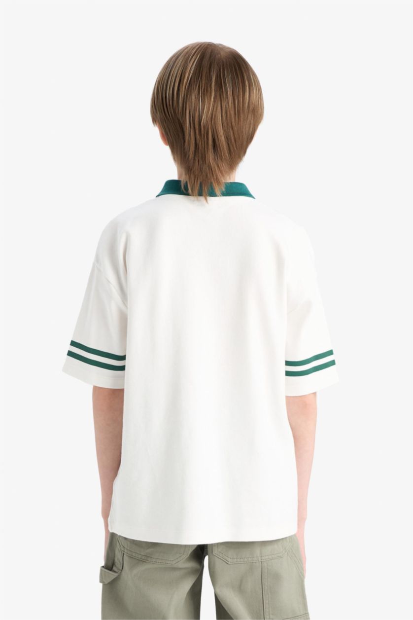 Erkek Çocuk - Genç Erkek Ekru Oversize Geniş Kalıp Polo Yaka Baskılı Kısa Kollu Tişört Erkek Çocuk