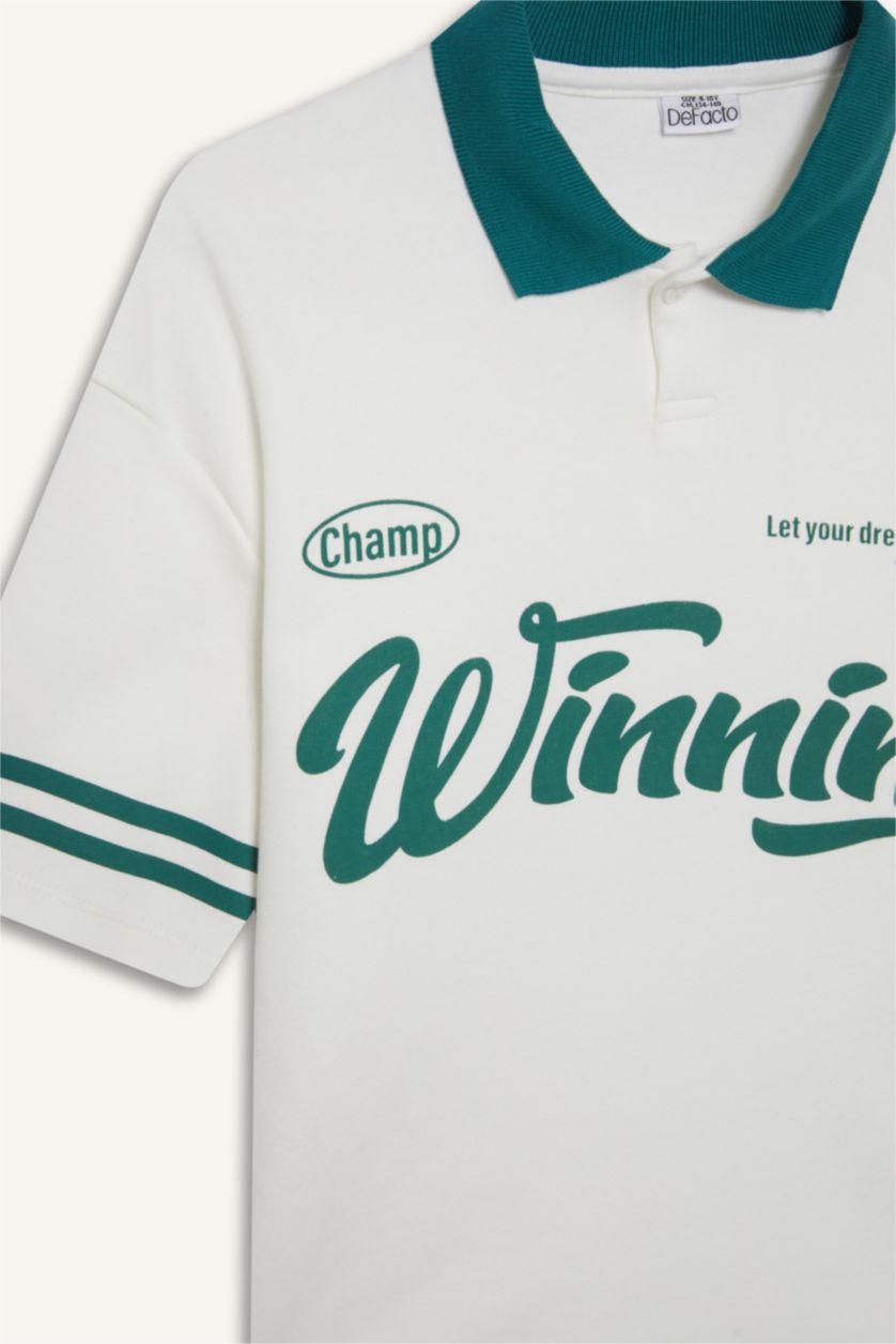 Erkek Çocuk - Genç Erkek Ekru Oversize Geniş Kalıp Polo Yaka Baskılı Kısa Kollu Tişört Erkek Çocuk