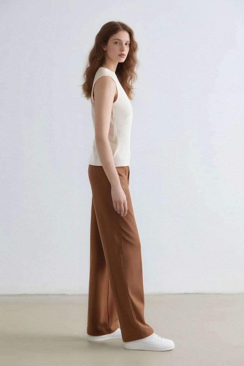 Kadın Açık Kahve Wide Leg Palazzo Pantolon Cepli Yüksek Bel Geniş Paça Uzun Boy