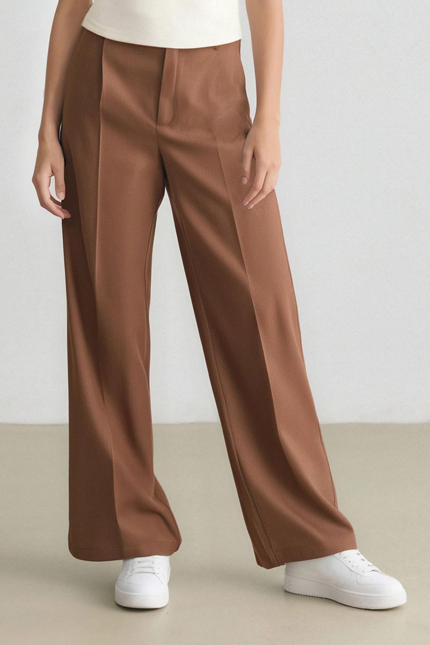 Kadın Açık Kahve Wide Leg Palazzo Pantolon Cepli Yüksek Bel Geniş Paça Uzun Boy