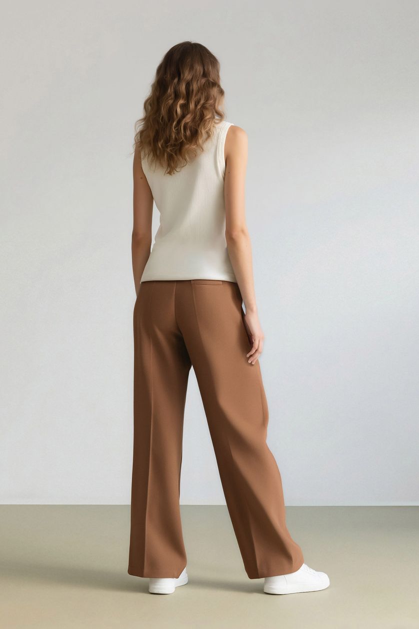 Kadın Açık Kahve Wide Leg Palazzo Pantolon Cepli Yüksek Bel Geniş Paça Uzun Boy