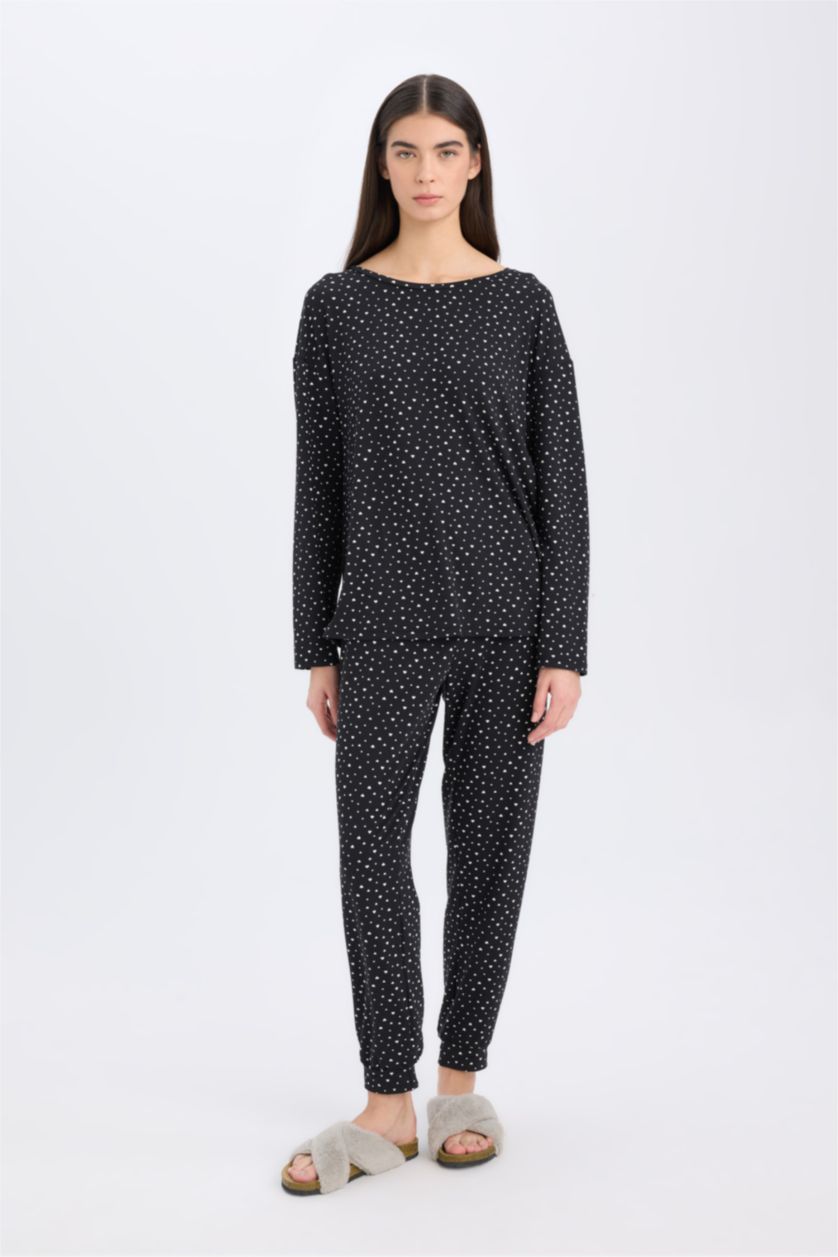 Kadın Siyah Pijama Takımı Softshell Uzun Kollu Üst Beli Lastikli Uzun Alt