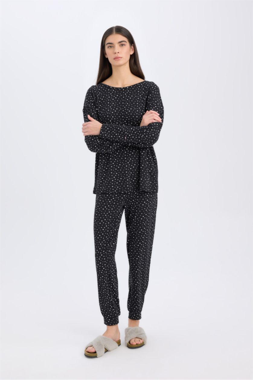 Kadın Siyah Pijama Takımı Softshell Uzun Kollu Üst Beli Lastikli Uzun Alt