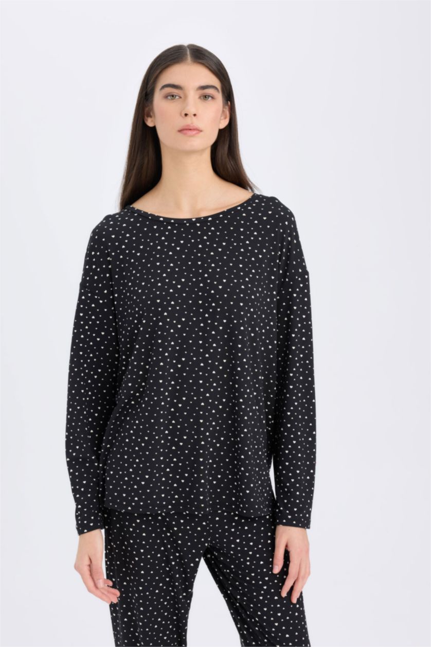 Kadın Siyah Pijama Takımı Softshell Uzun Kollu Üst Beli Lastikli Uzun Alt