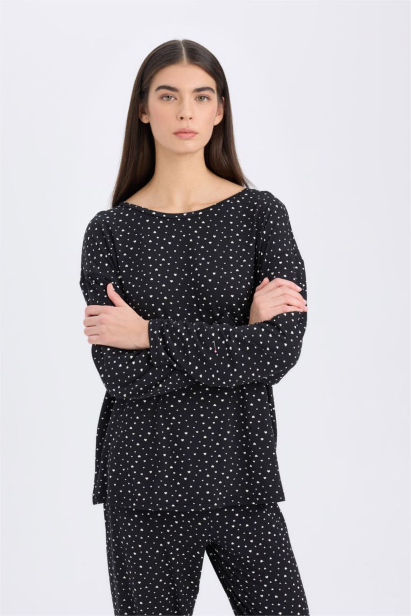 Kadın Siyah Pijama Takımı Softshell Uzun Kollu Üst Beli Lastikli Uzun Alt