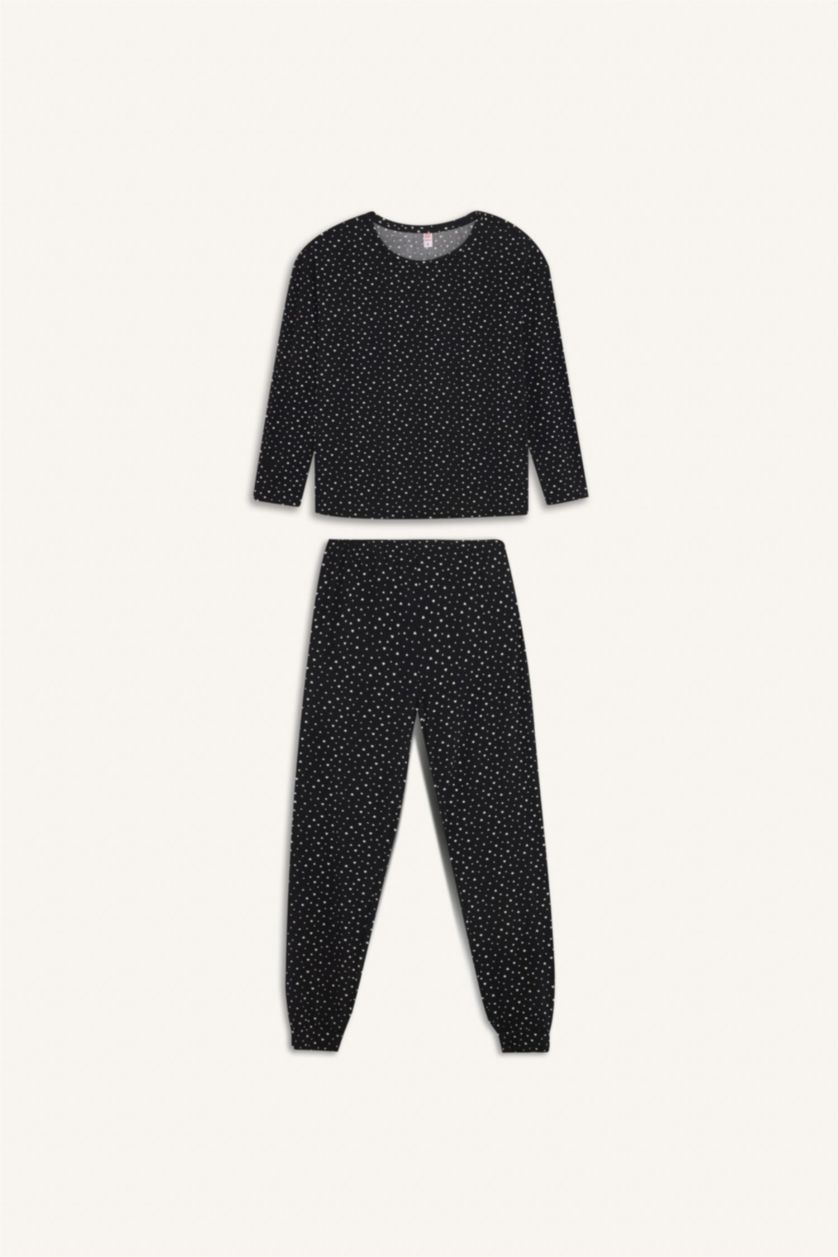 Kadın Siyah Pijama Takımı Softshell Uzun Kollu Üst Beli Lastikli Uzun Alt