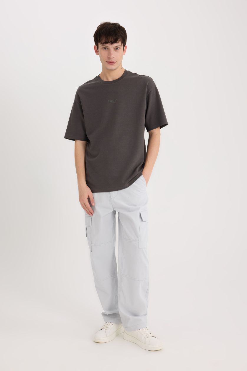 Erkek Antrasit Boxy Fit Bisiklet Yaka Ütü Gerektirmeyen Nefes Alabilen Baskılı Kısa Kollu Ağır Kumaş Tişört