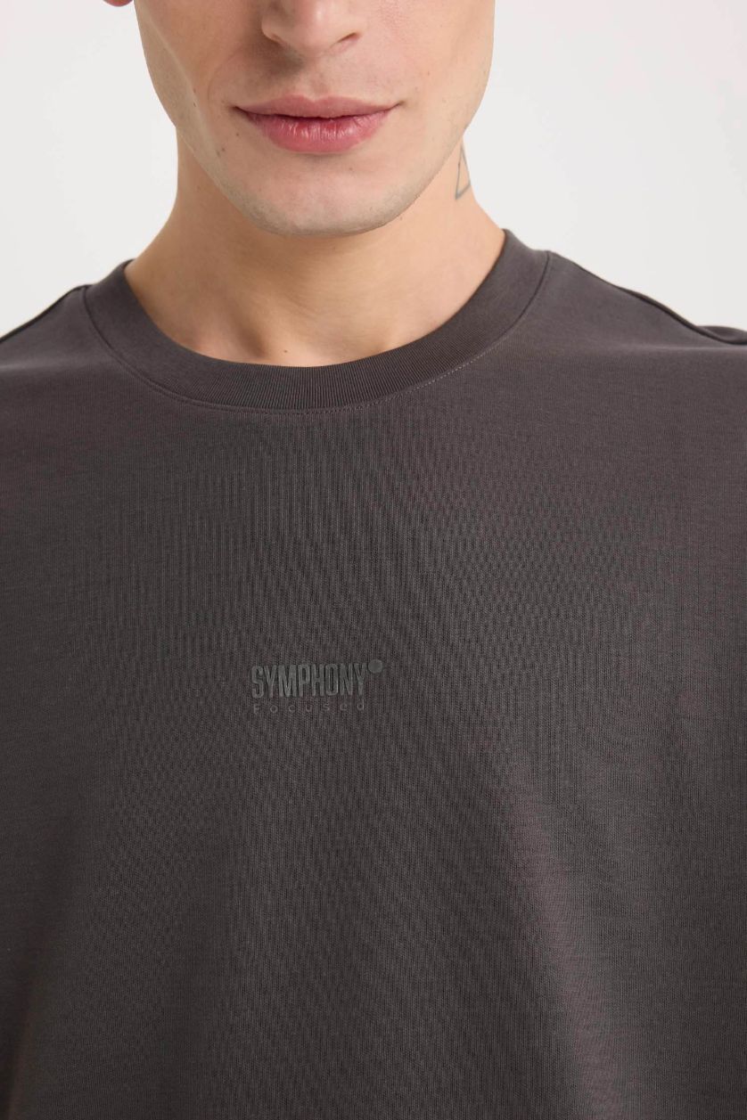 Erkek Antrasit Boxy Fit Bisiklet Yaka Ütü Gerektirmeyen Nefes Alabilen Baskılı Kısa Kollu Ağır Kumaş Tişört