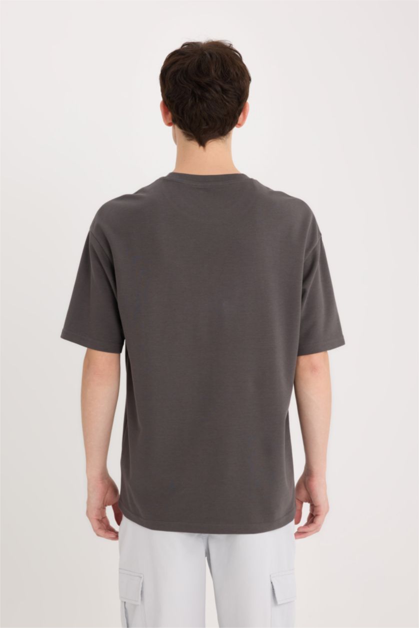Erkek Antrasit Boxy Fit Bisiklet Yaka Ütü Gerektirmeyen Nefes Alabilen Baskılı Kısa Kollu Ağır Kumaş Tişört