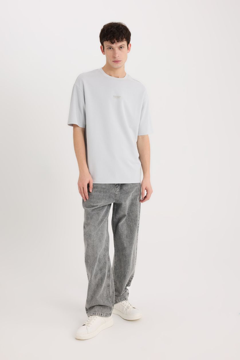 Erkek Açık Gri Boxy Fit Bisiklet Yaka Ütü Gerektirmeyen Nefes Alabilen Baskılı Kısa Kollu Ağır Kumaş Tişört