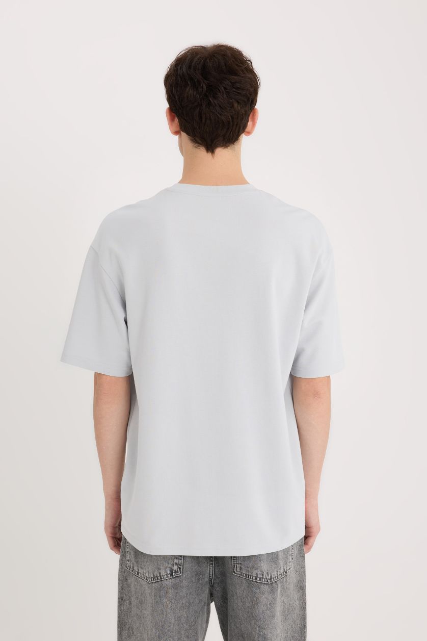 Erkek Açık Gri Boxy Fit Bisiklet Yaka Ütü Gerektirmeyen Nefes Alabilen Baskılı Kısa Kollu Ağır Kumaş Tişört