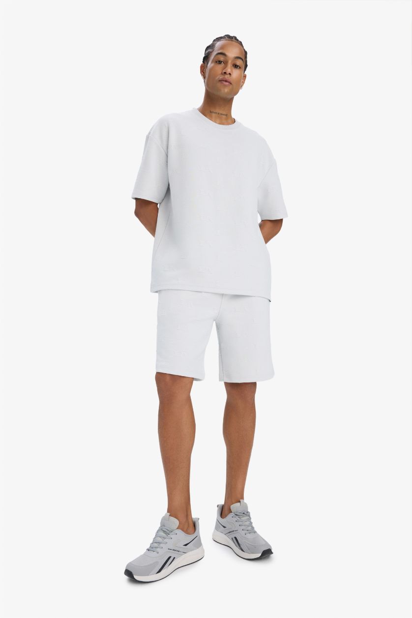 Erkek Açık Gri Oversize Geniş Kalıp Bisiklet Yaka Sporcu Kısa Kollu Tişört