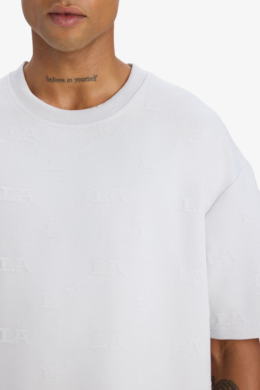 Erkek Açık Gri Oversize Geniş Kalıp Bisiklet Yaka Sporcu Kısa Kollu Tişört