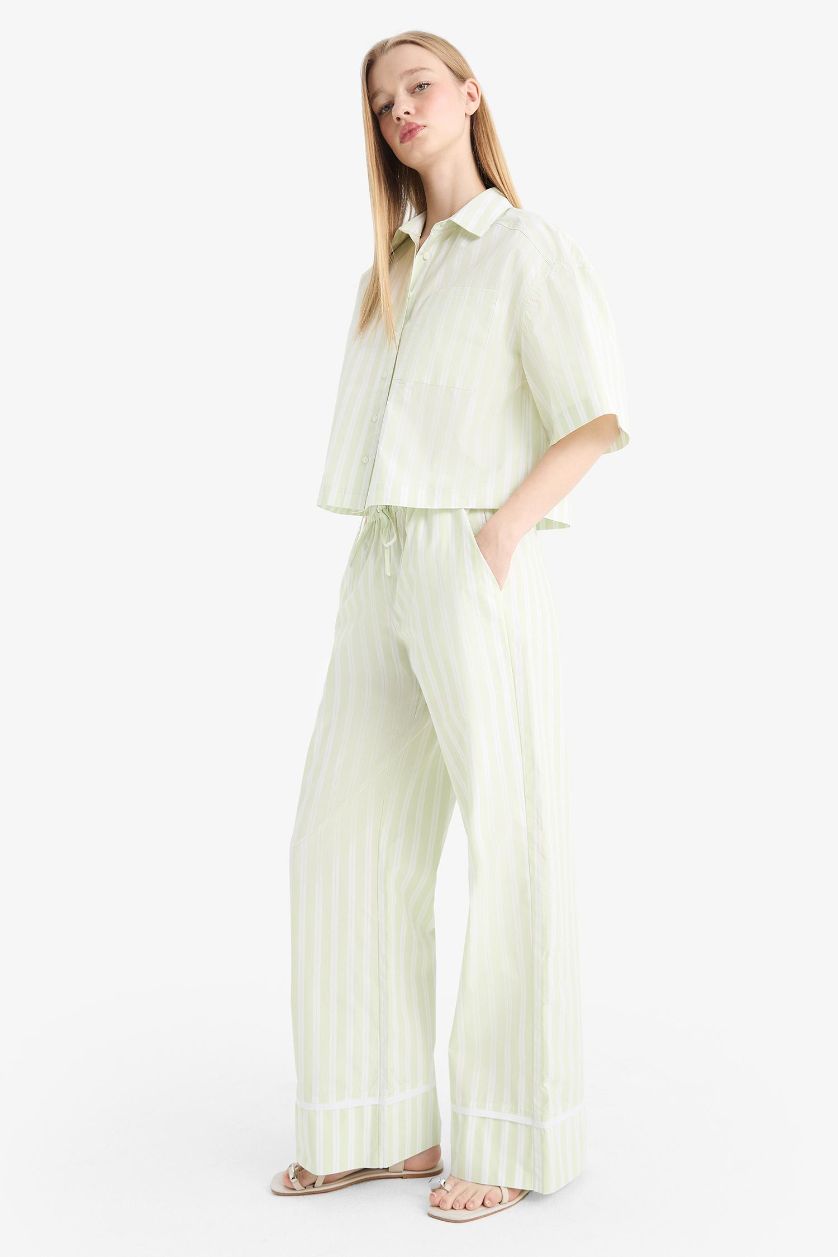Woman Light Green Wide Leg Striped High Waist Poplin Trousers