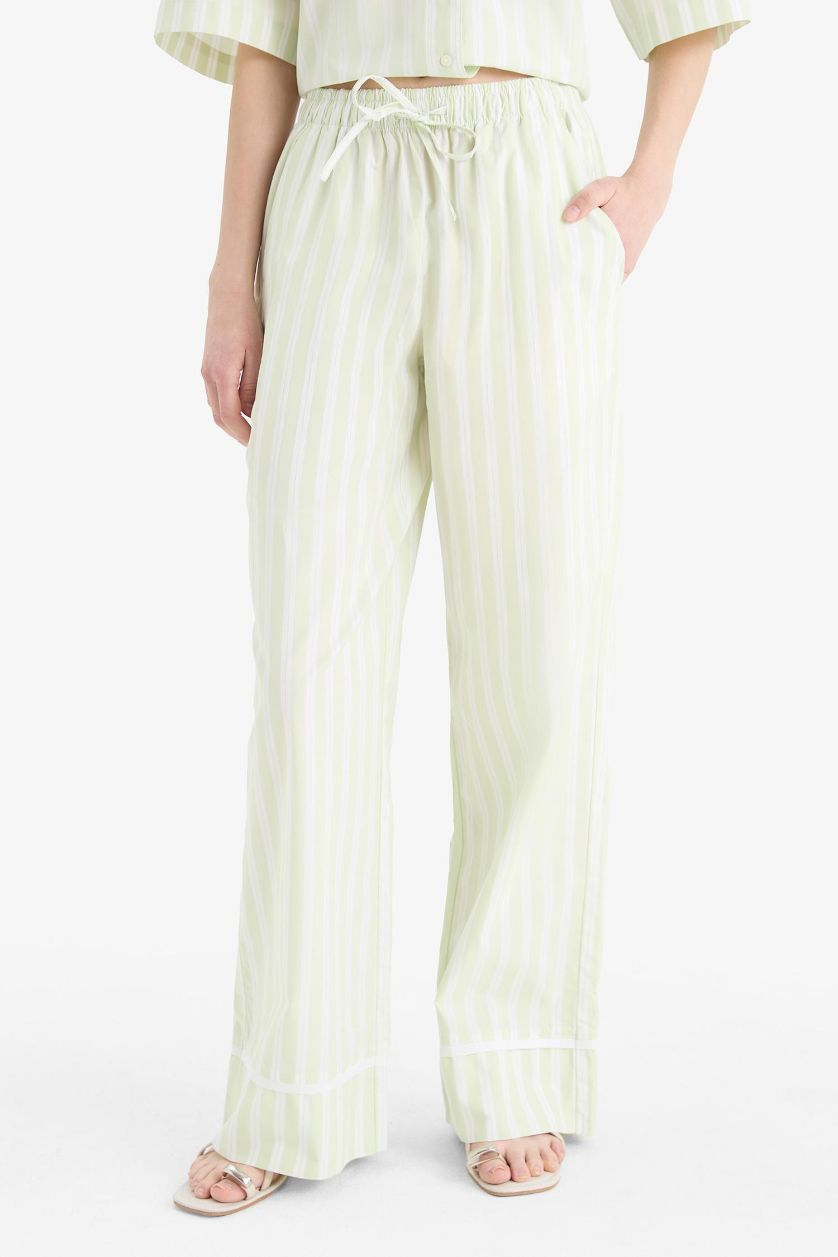 Woman Light Green Wide Leg Striped High Waist Poplin Trousers