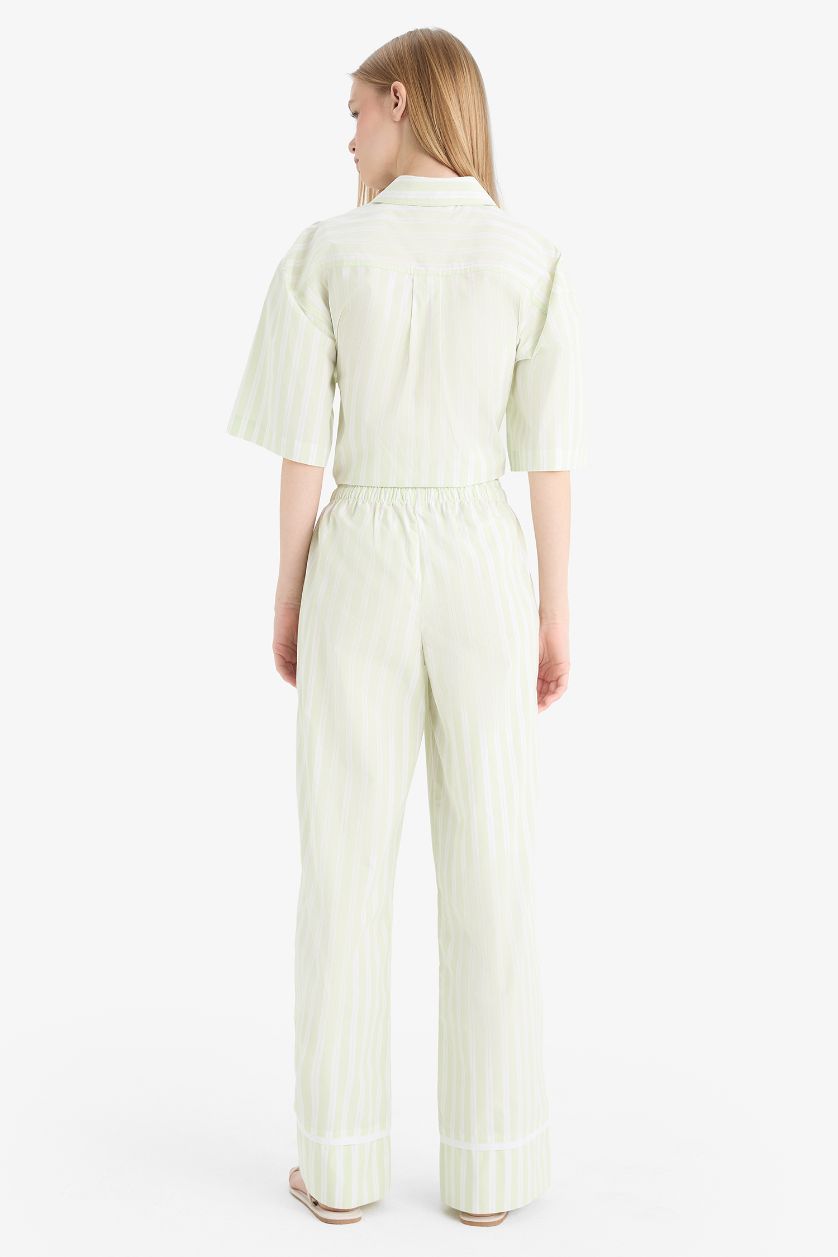 Woman Light Green Wide Leg Striped High Waist Poplin Trousers