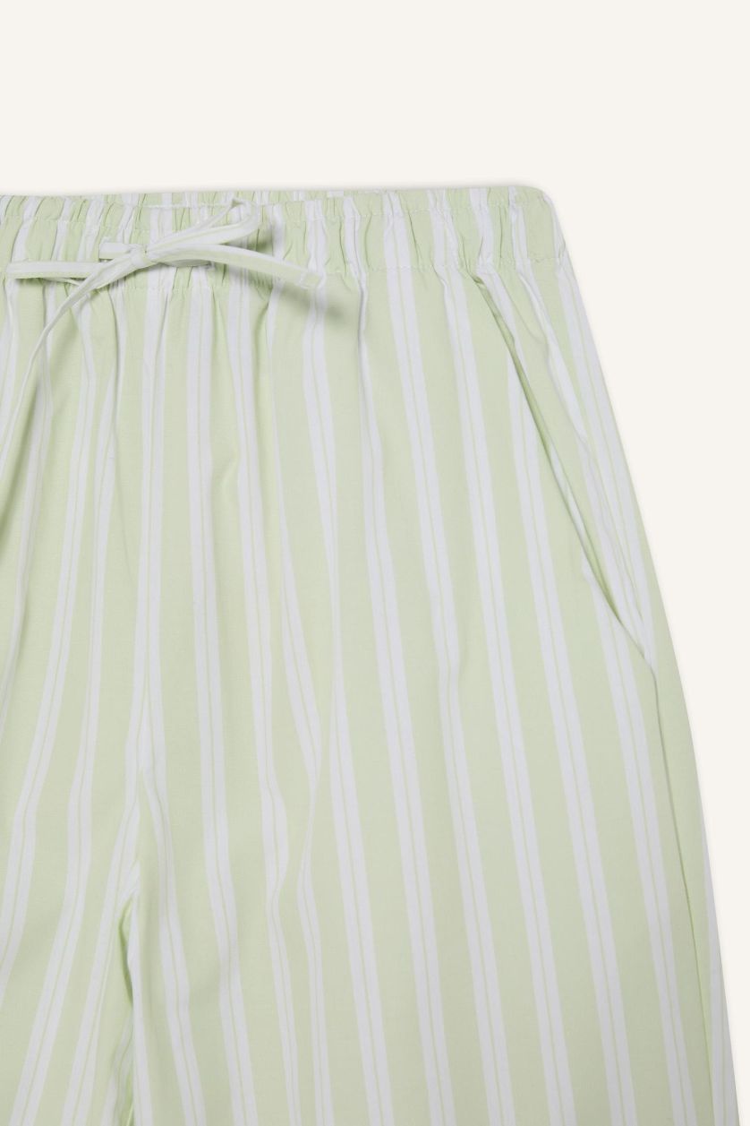 Woman Light Green Wide Leg Striped High Waist Poplin Trousers
