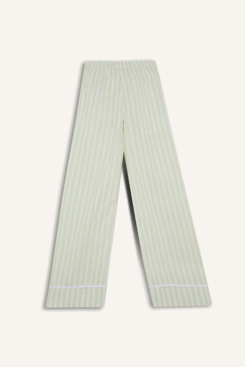 Woman Light Green Wide Leg Striped High Waist Poplin Trousers