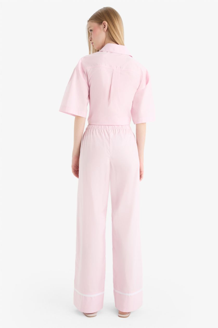 نساء زهري بنطرون مخطط بوبلين برجل واسع وايد ليج وخصر عالي