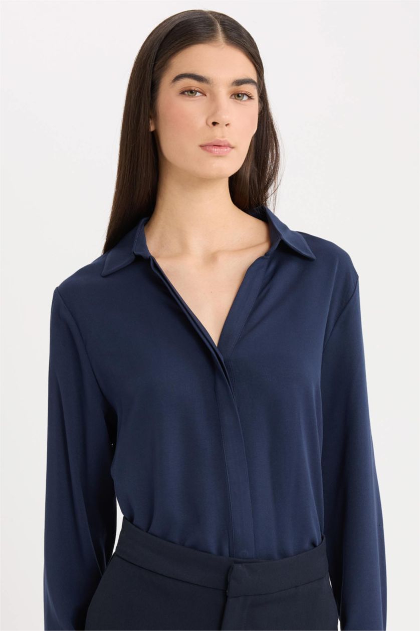 Kadın Lacivert Regular Fit Basic Düz Uzun Kollu Gömlek