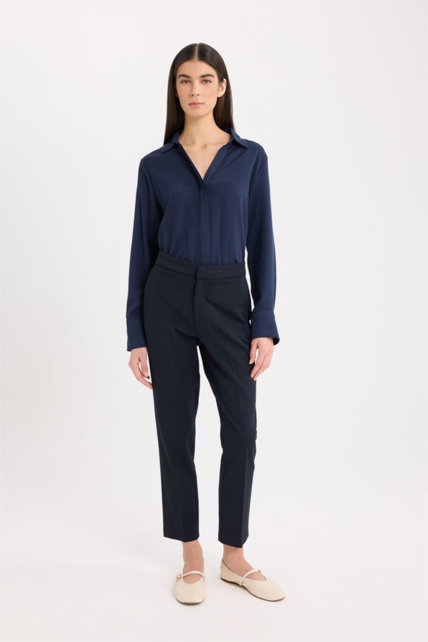 Kadın Lacivert Regular Fit Basic Düz Uzun Kollu Gömlek