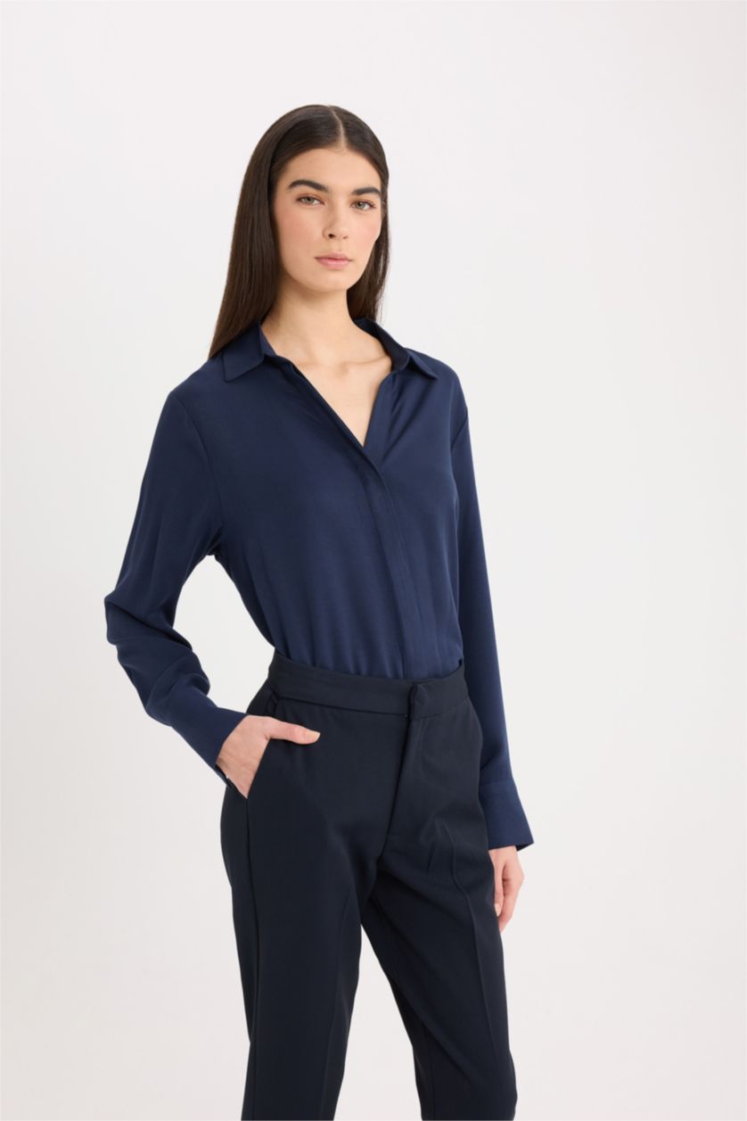 Kadın Lacivert Regular Fit Basic Düz Uzun Kollu Gömlek