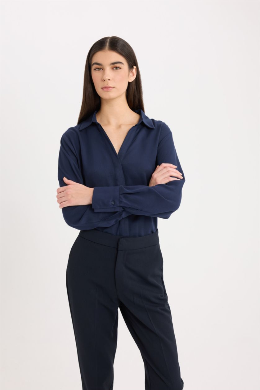 Kadın Lacivert Regular Fit Basic Düz Uzun Kollu Gömlek