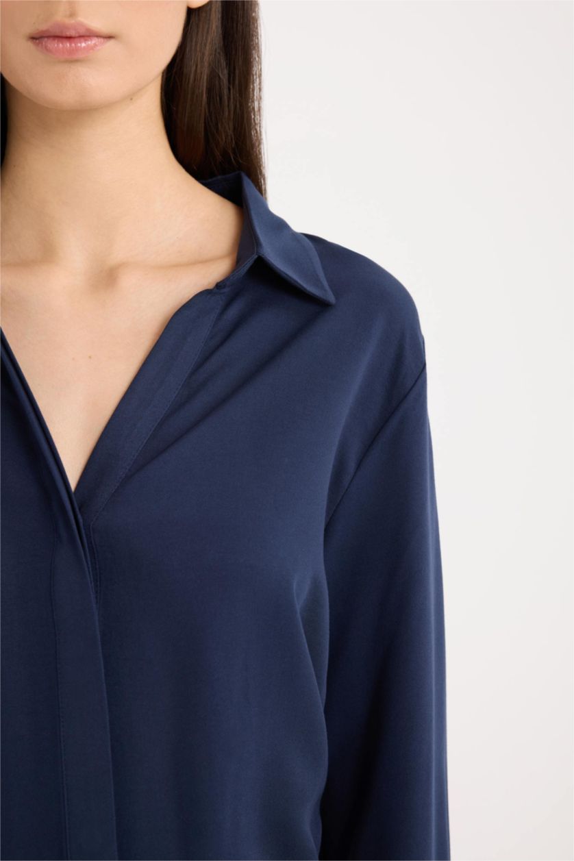 Kadın Lacivert Regular Fit Basic Düz Uzun Kollu Gömlek