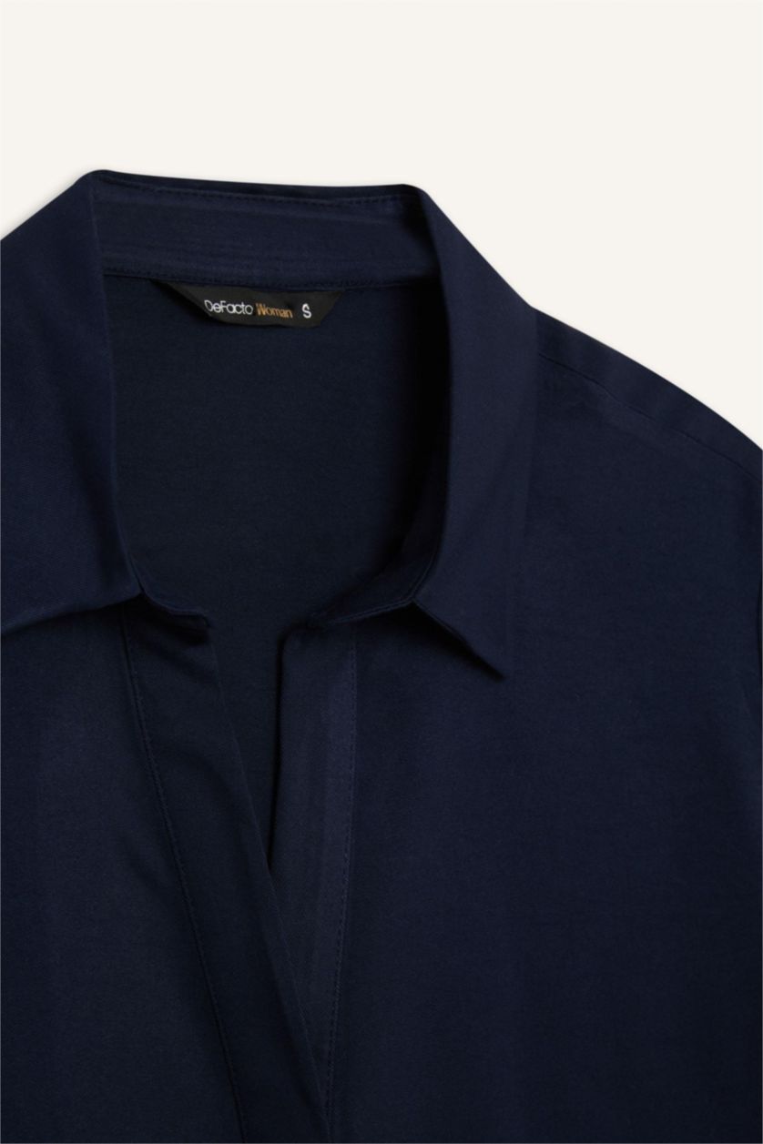 Kadın Lacivert Regular Fit Basic Düz Uzun Kollu Gömlek